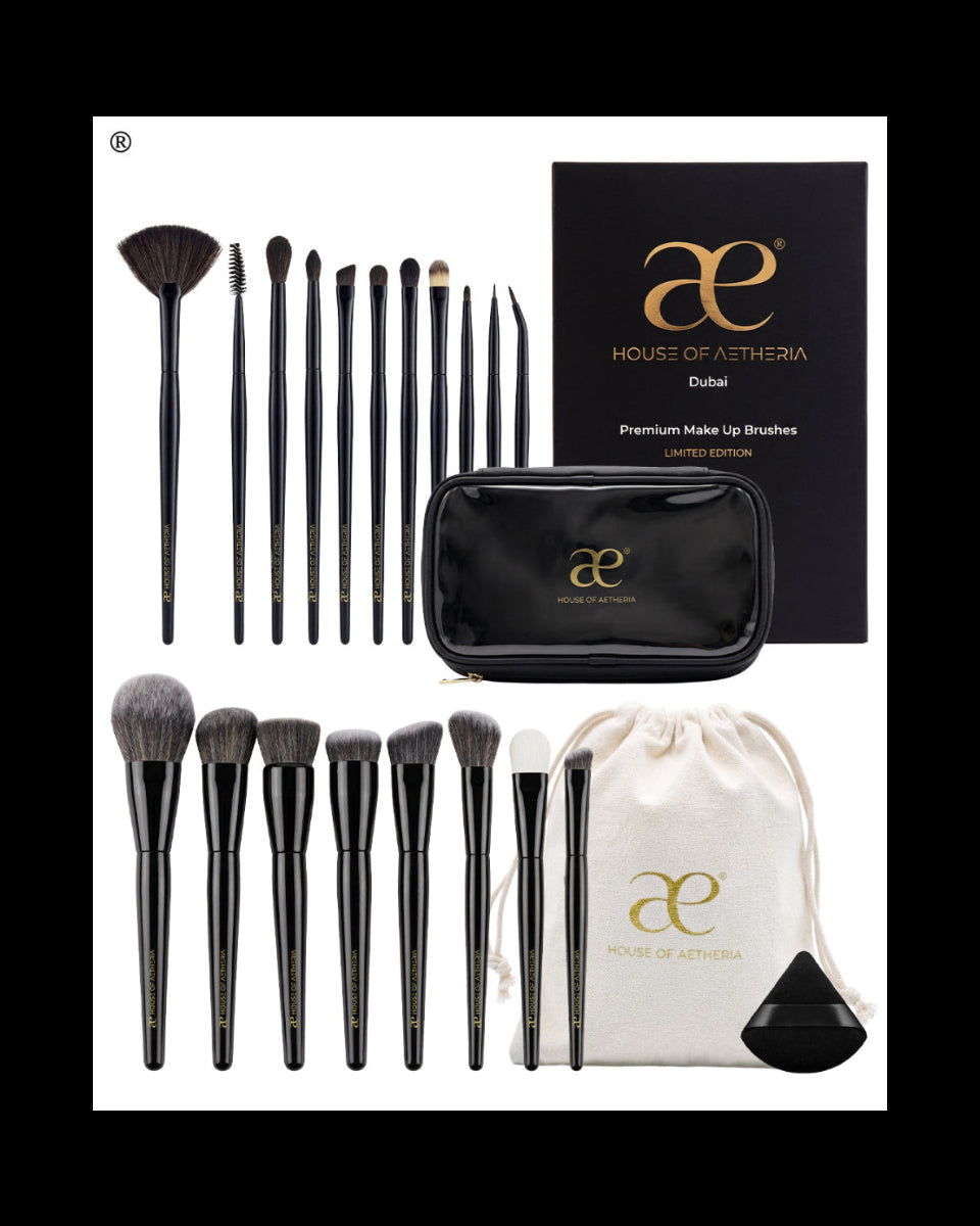 House of Aetheria premium makeup brush set with 12 black-handled brushes, a black zippered case, a black branded box, and a cream drawstring pouch on a white background.