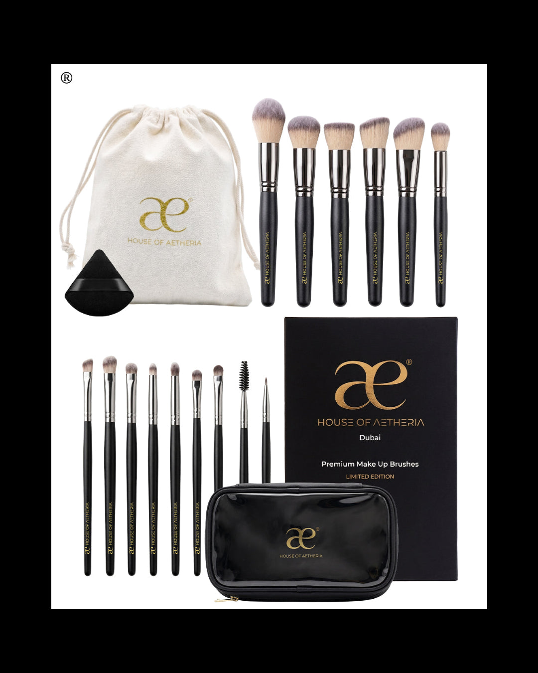 18 piece Grigio Professional Makeup Brush Set, with V Shape Puff, Canvas & Makeup bag