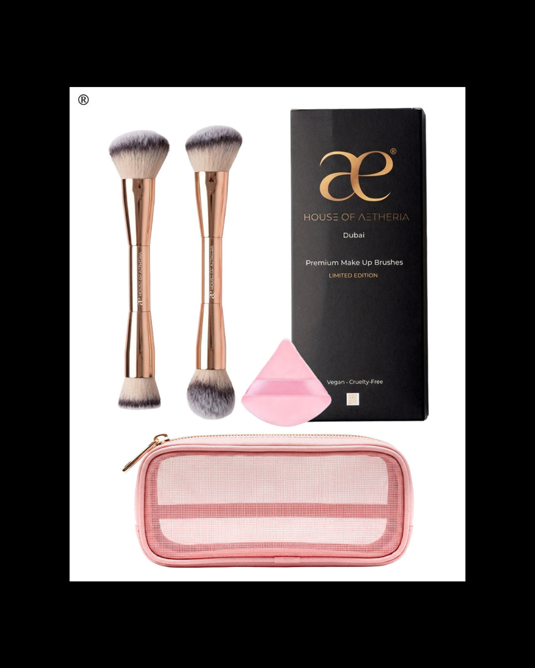 The Dubai Duo 4 Piece Luxury Gold Makeup Dual Sided Brush Set with V Shape Puff and Pink Makeup Bag