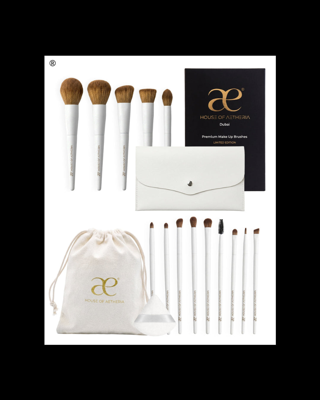 Pearl Makeup Brush Set, 14 Professional Vegan Bristles with Wooden Handle, White Color, V-Shape Puff, Canvas Bag, Makeup Bag