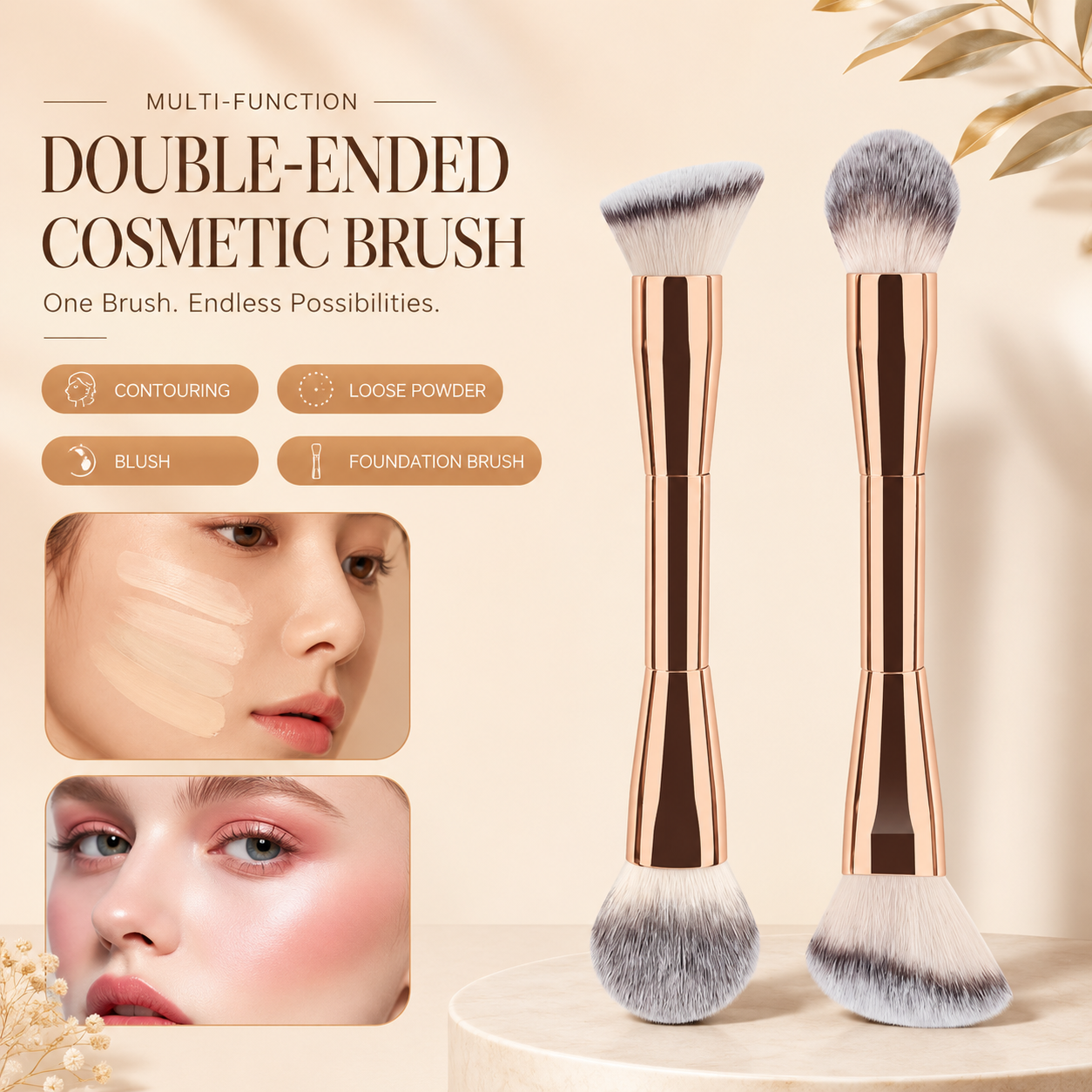 The Dubai Duo 4 Piece Luxury Gold Makeup Dual Sided Brush Set with V Shape Puff and Pink Makeup Bag