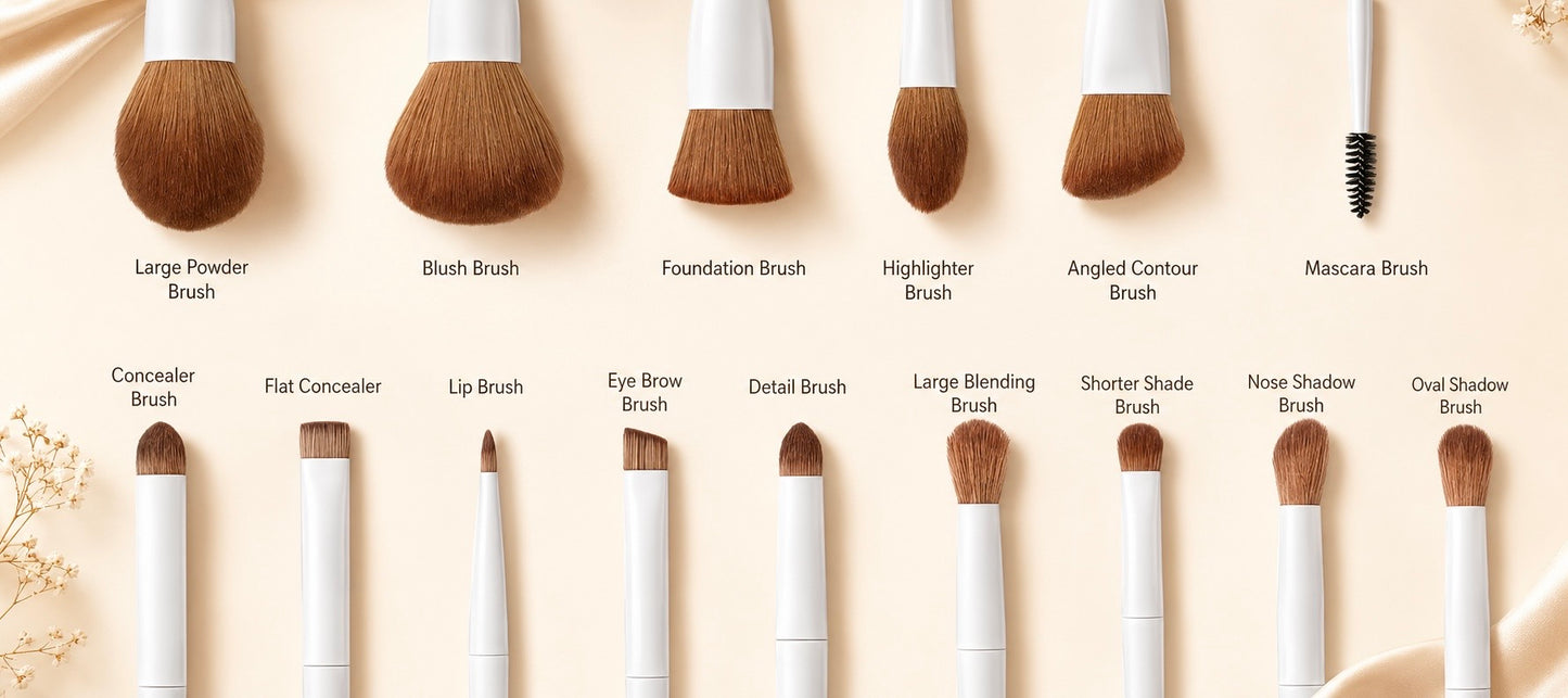 Pearl Makeup Brush Set, 14 Professional Vegan Bristles with Wooden Handle, White Color, V-Shape Puff, Canvas Bag, Makeup Bag